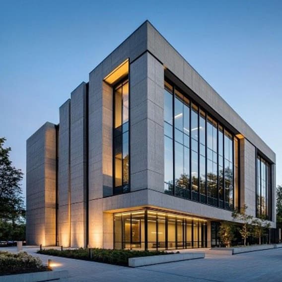 Completed contemporary building with landscaped surroundings